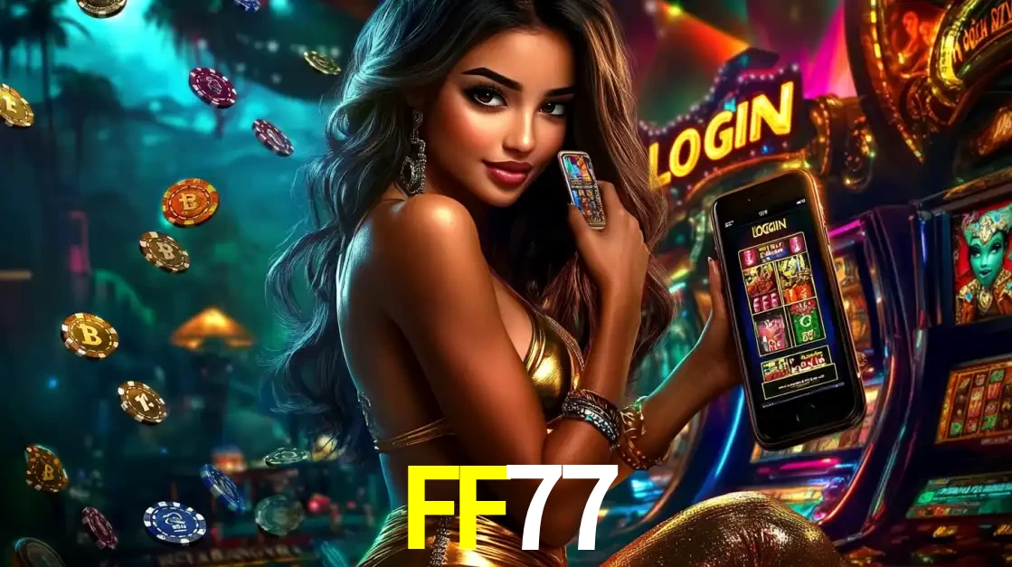 Mulher em um cenário de cassino temático de aventura, mostrando o app de caça-níqueis da FF77 no celular. Fichas de apostas flutuam ao redor.