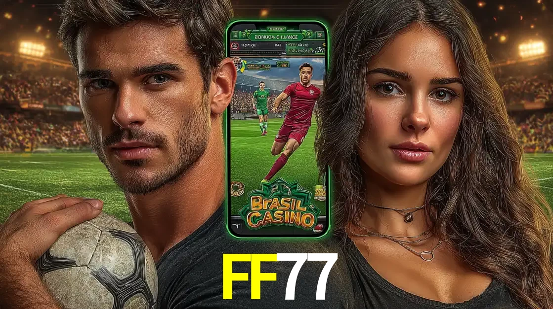 Homem segurando uma bola de futebol e uma mulher ao lado de um smartphone exibindo o jogo de apostas esportivas da FF77. Faça seu palpite no cassino online.